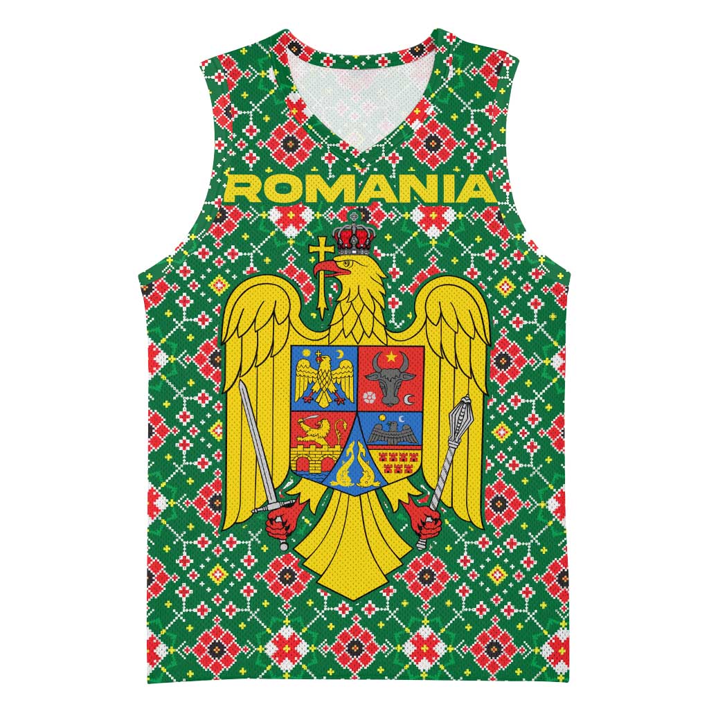 Romania Christmas Basketball Jersey with Green and Red Pattern Golden Eagle and Santa Motif - Wonder Print Shop