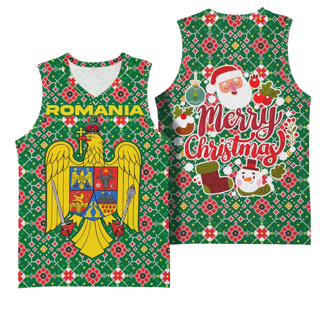 Romania Christmas Basketball Jersey with Green and Red Pattern Golden Eagle and Santa Motif - Wonder Print Shop