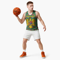 Romania Christmas Basketball Jersey with Green and Red Pattern Golden Eagle and Santa Motif - Wonder Print Shop