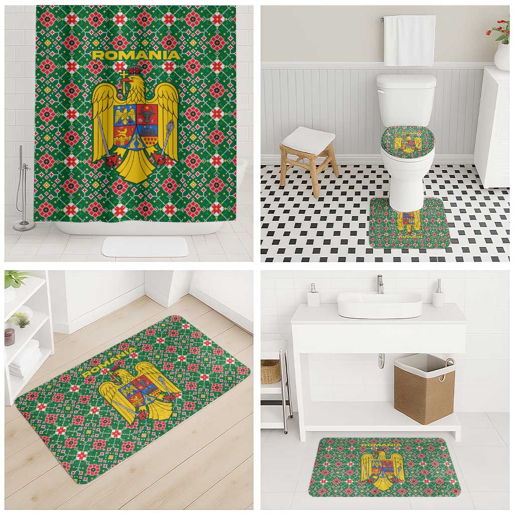 Romania Christmas Bathroom Set with Green and Red Pattern Golden Eagle and Santa Motif - Wonder Print Shop