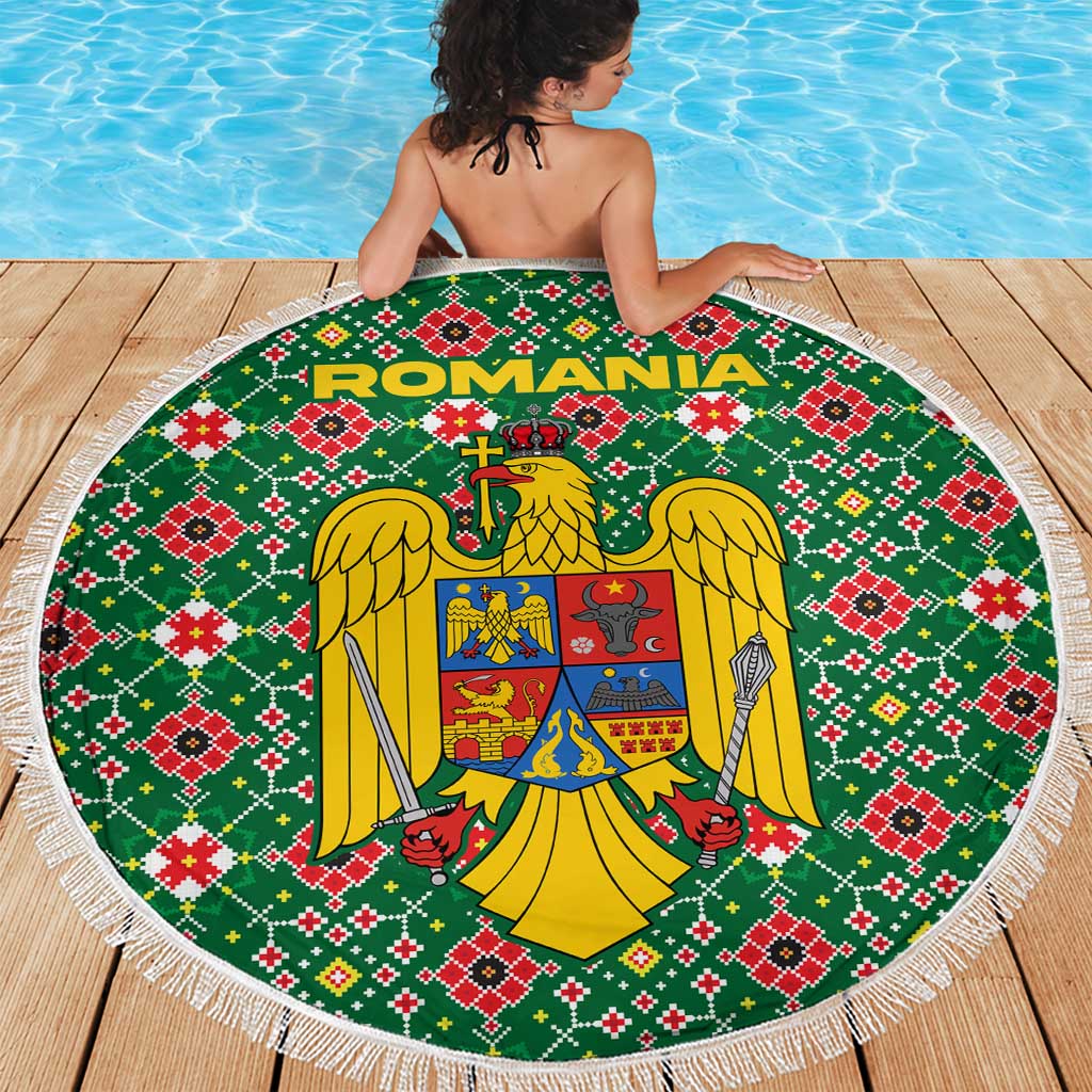 Romania Christmas Beach Blanket with Green and Red Pattern Golden Eagle and Santa Motif - Wonder Print Shop