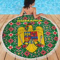 Romania Christmas Beach Blanket with Green and Red Pattern Golden Eagle and Santa Motif - Wonder Print Shop