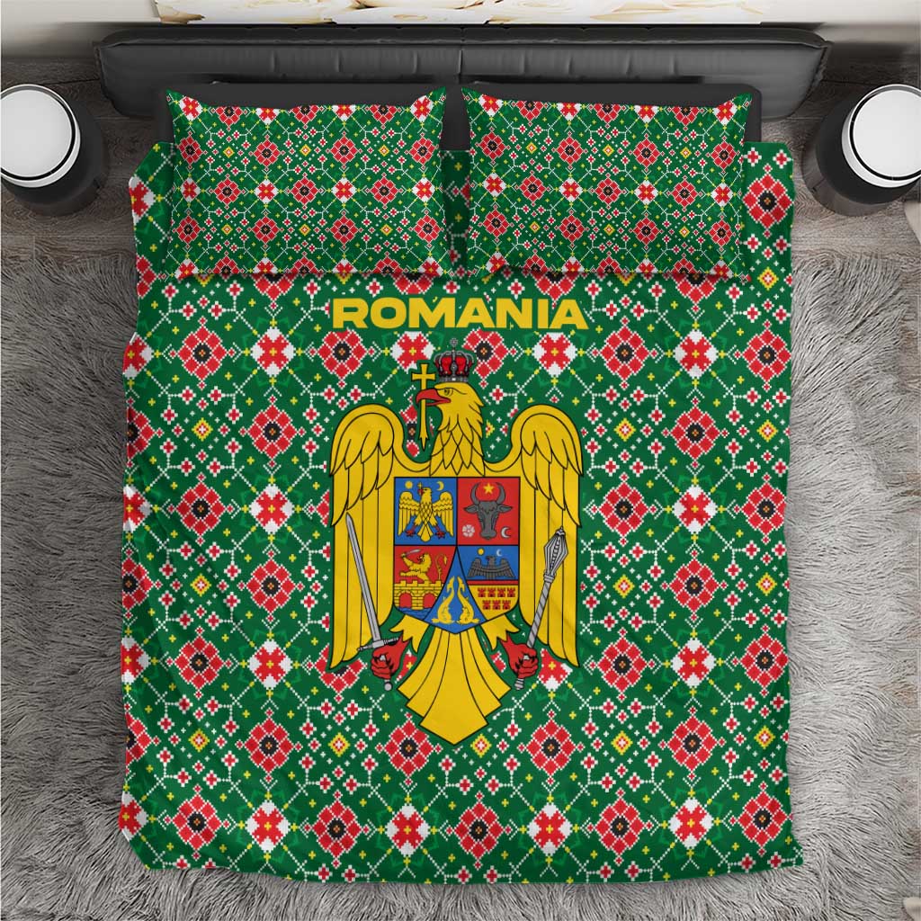 Romania Christmas Bedding Set with Green and Red Pattern Golden Eagle and Santa Motif - Wonder Print Shop