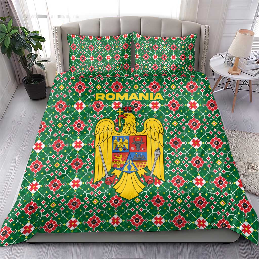 Romania Christmas Bedding Set with Green and Red Pattern Golden Eagle and Santa Motif - Wonder Print Shop