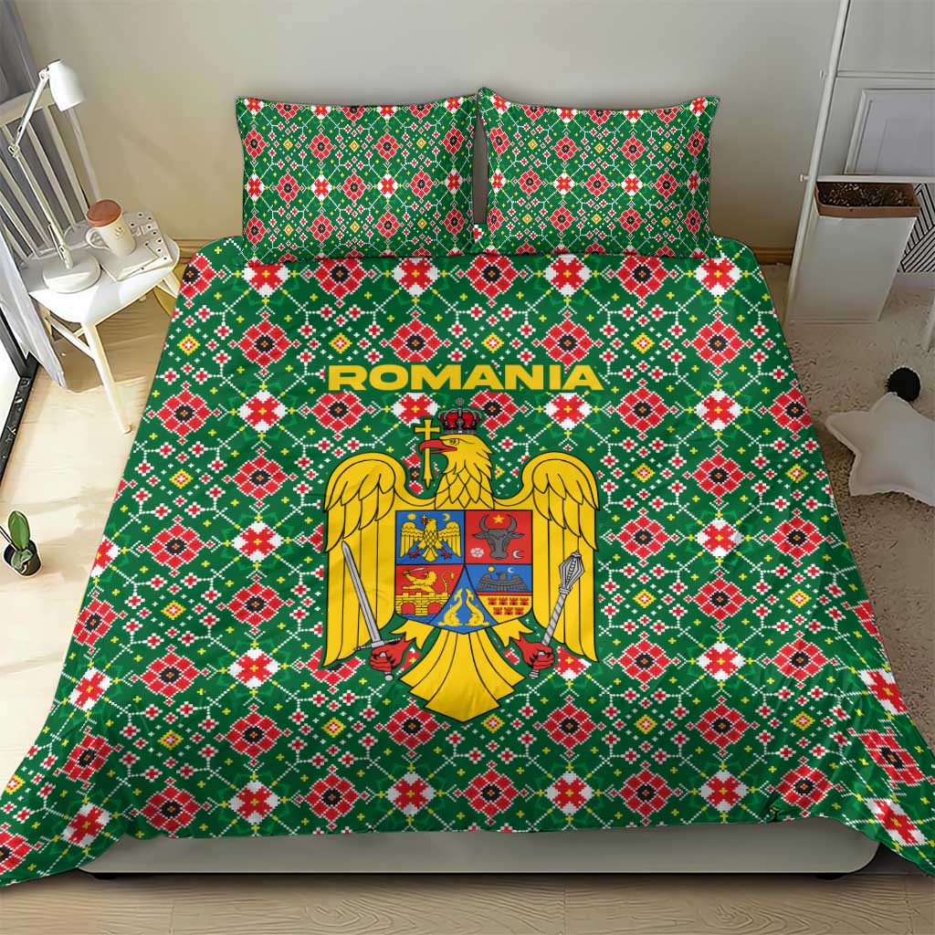 Romania Christmas Bedding Set with Green and Red Pattern Golden Eagle and Santa Motif - Wonder Print Shop