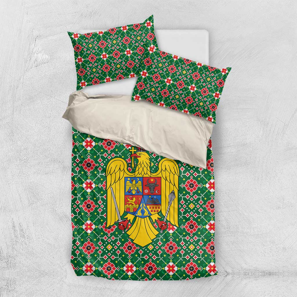 Romania Christmas Bedding Set with Green and Red Pattern Golden Eagle and Santa Motif - Wonder Print Shop