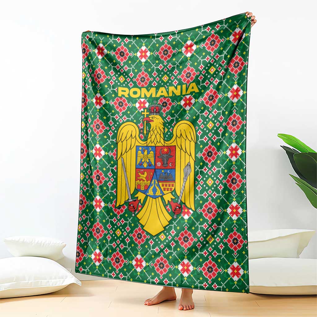 Romania Christmas Blanket with Green and Red Pattern Golden Eagle and Santa Motif - Wonder Print Shop