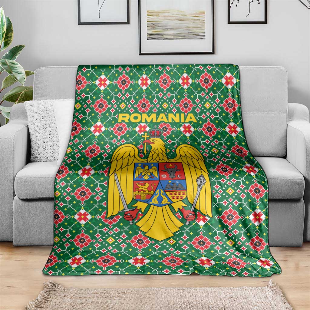 Romania Christmas Blanket with Green and Red Pattern Golden Eagle and Santa Motif - Wonder Print Shop