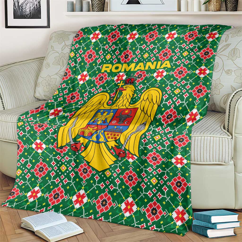 Romania Christmas Blanket with Green and Red Pattern Golden Eagle and Santa Motif - Wonder Print Shop