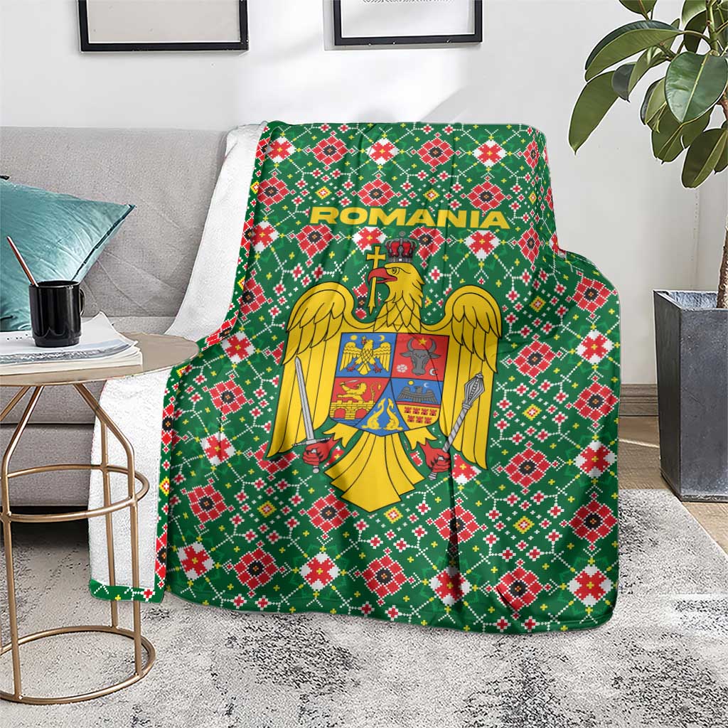 Romania Christmas Blanket with Green and Red Pattern Golden Eagle and Santa Motif - Wonder Print Shop