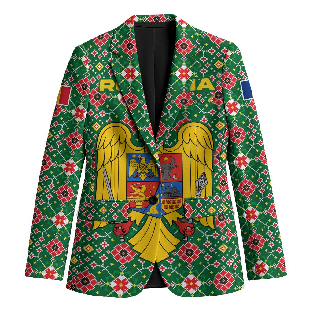 Romania Christmas Blazer with Green and Red Pattern Golden Eagle and Santa Motif - Wonder Print Shop