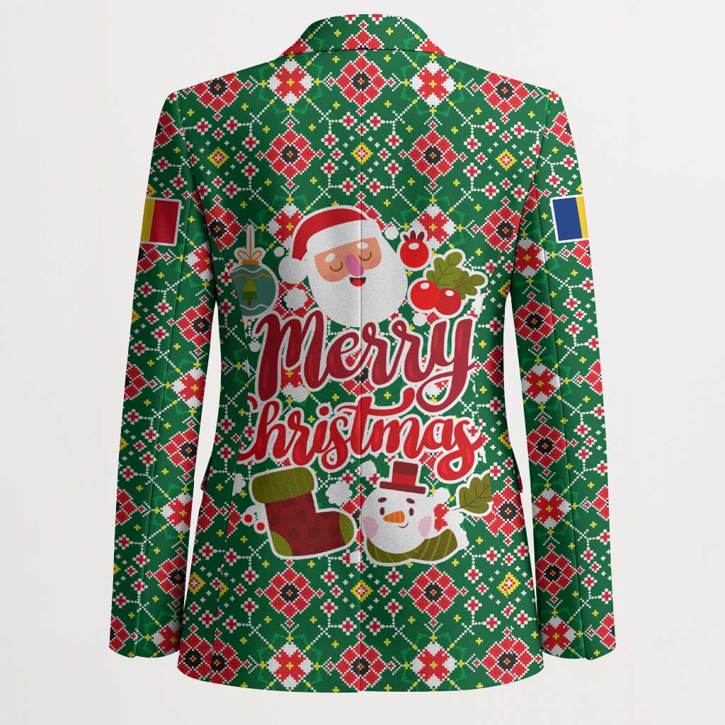 Romania Christmas Blazer with Green and Red Pattern Golden Eagle and Santa Motif - Wonder Print Shop