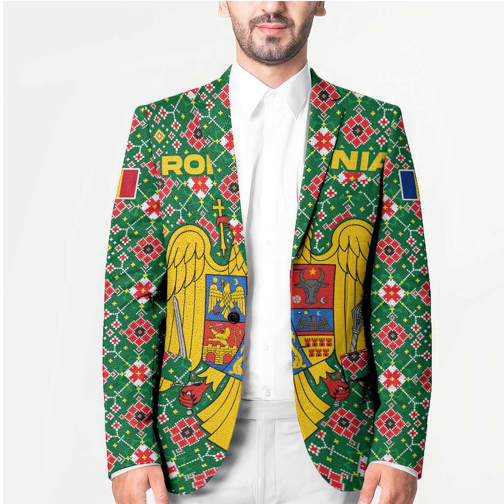 Romania Christmas Blazer with Green and Red Pattern Golden Eagle and Santa Motif - Wonder Print Shop