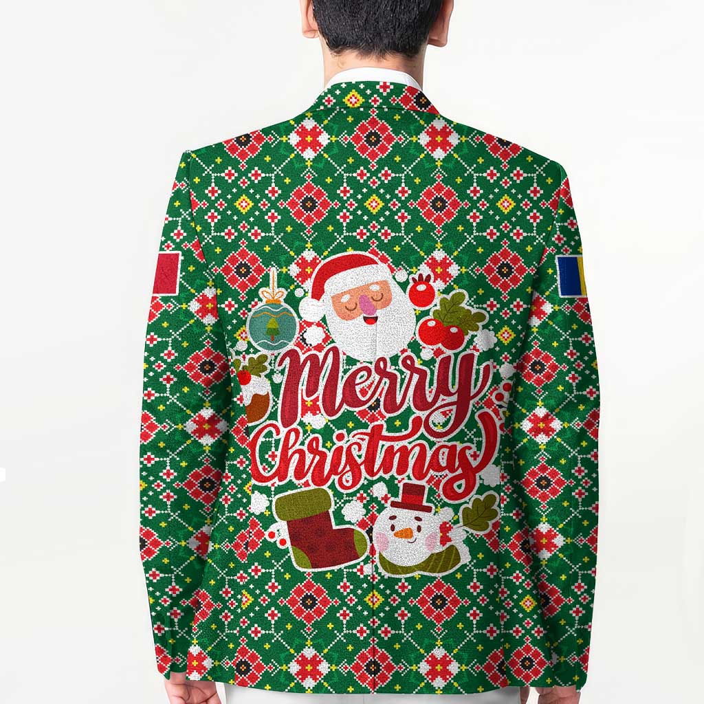 Romania Christmas Blazer with Green and Red Pattern Golden Eagle and Santa Motif - Wonder Print Shop