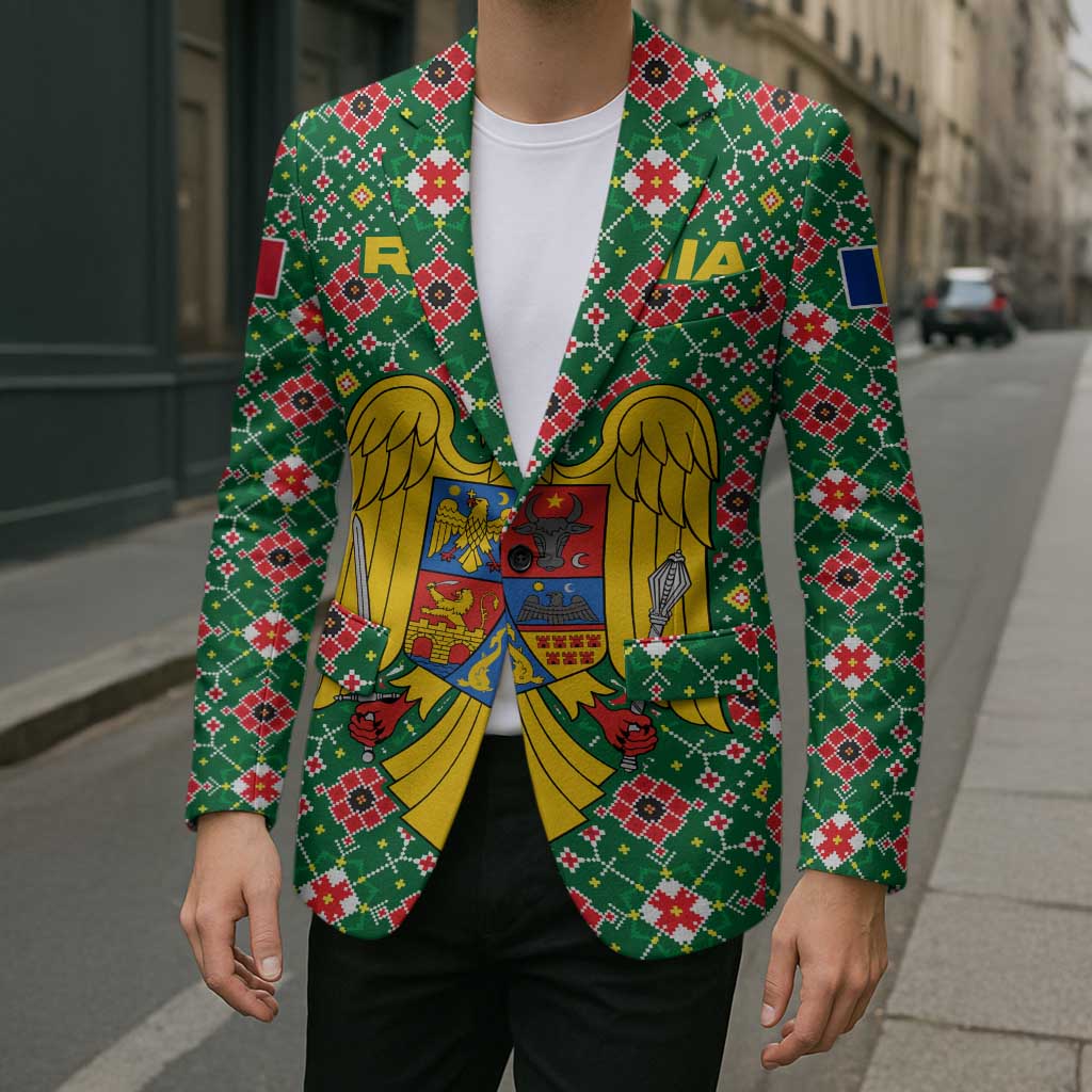 Romania Christmas Blazer with Green and Red Pattern Golden Eagle and Santa Motif - Wonder Print Shop