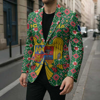 Romania Christmas Blazer with Green and Red Pattern Golden Eagle and Santa Motif - Wonder Print Shop