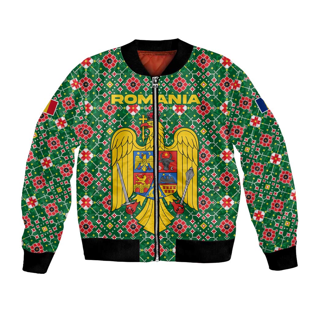 Romania Christmas Bomber Jacket with Green and Red Pattern Golden Eagle and Santa Motif - Wonder Print Shop