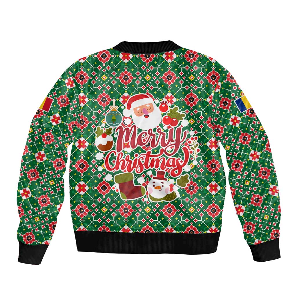 Romania Christmas Bomber Jacket with Green and Red Pattern Golden Eagle and Santa Motif - Wonder Print Shop