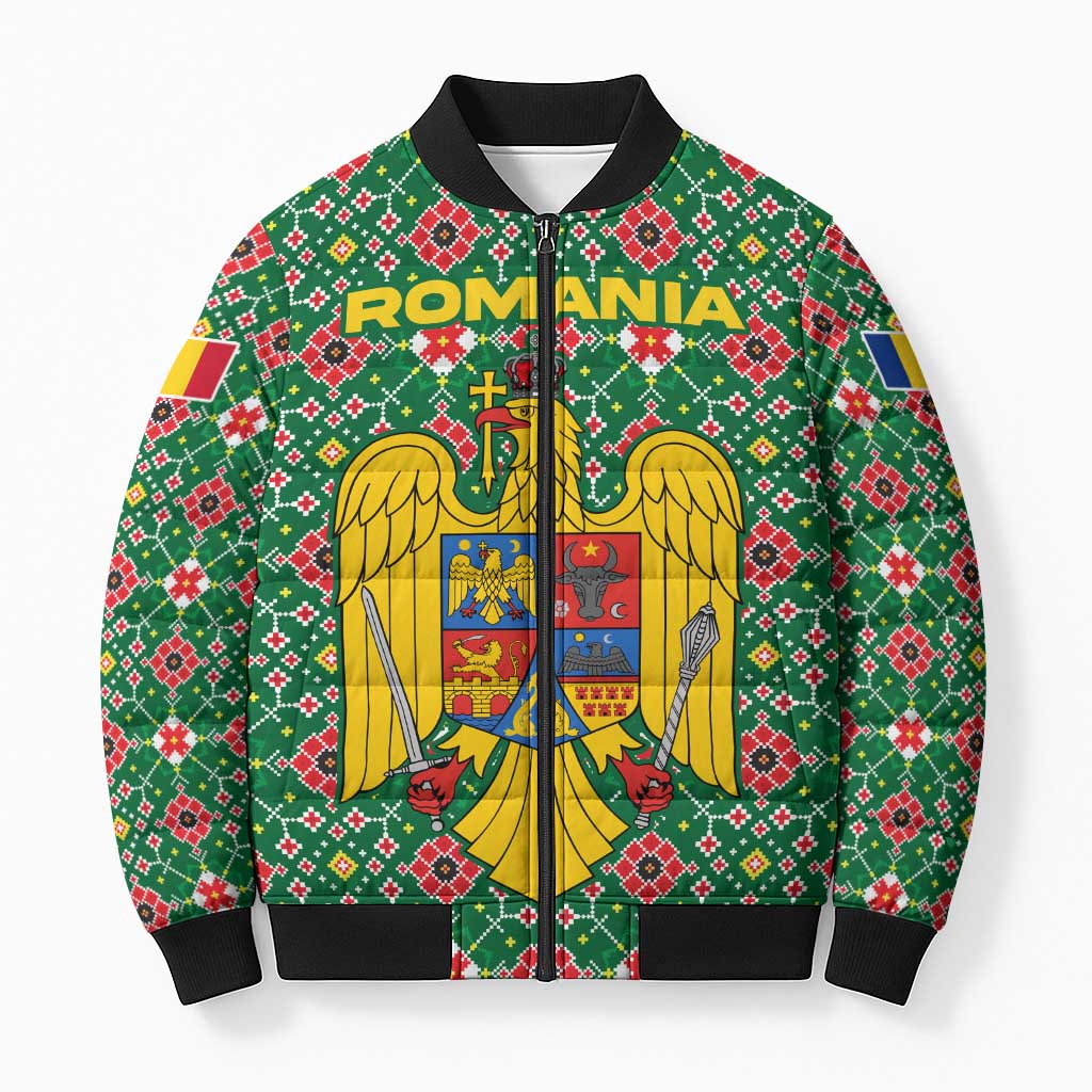 Romania Christmas Bomber Puffer Jacket with Green and Red Pattern Golden Eagle and Santa Motif - Wonder Print Shop