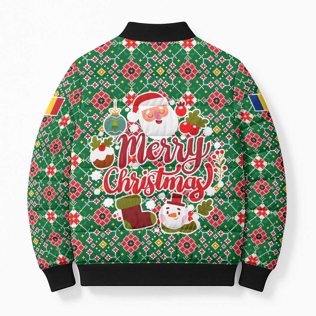 Romania Christmas Bomber Puffer Jacket with Green and Red Pattern Golden Eagle and Santa Motif - Wonder Print Shop