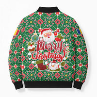 Romania Christmas Bomber Puffer Jacket with Green and Red Pattern Golden Eagle and Santa Motif - Wonder Print Shop