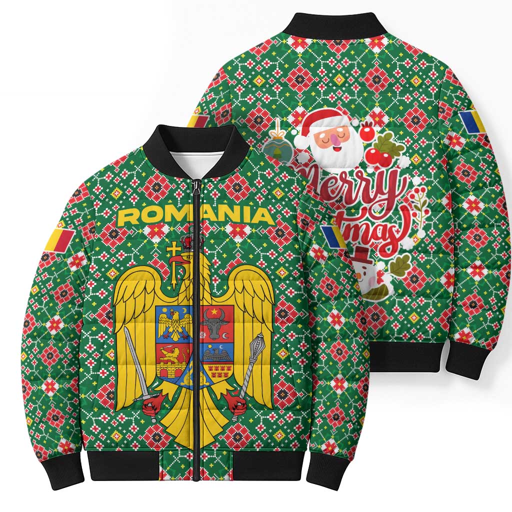 Romania Christmas Bomber Puffer Jacket with Green and Red Pattern Golden Eagle and Santa Motif - Wonder Print Shop