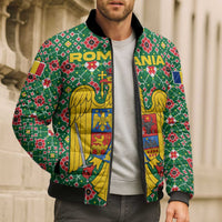 Romania Christmas Bomber Puffer Jacket with Green and Red Pattern Golden Eagle and Santa Motif - Wonder Print Shop