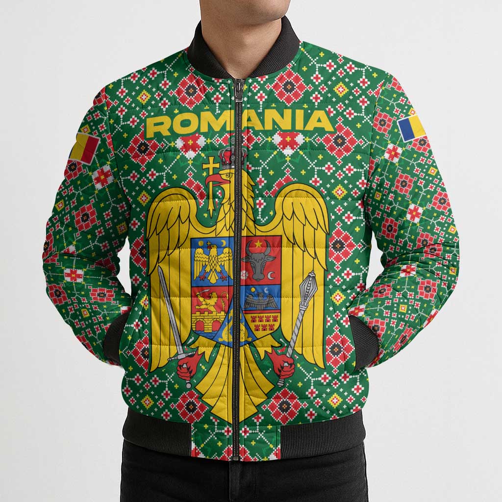 Romania Christmas Bomber Puffer Jacket with Green and Red Pattern Golden Eagle and Santa Motif - Wonder Print Shop
