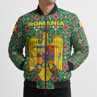Romania Christmas Bomber Puffer Jacket with Green and Red Pattern Golden Eagle and Santa Motif - Wonder Print Shop