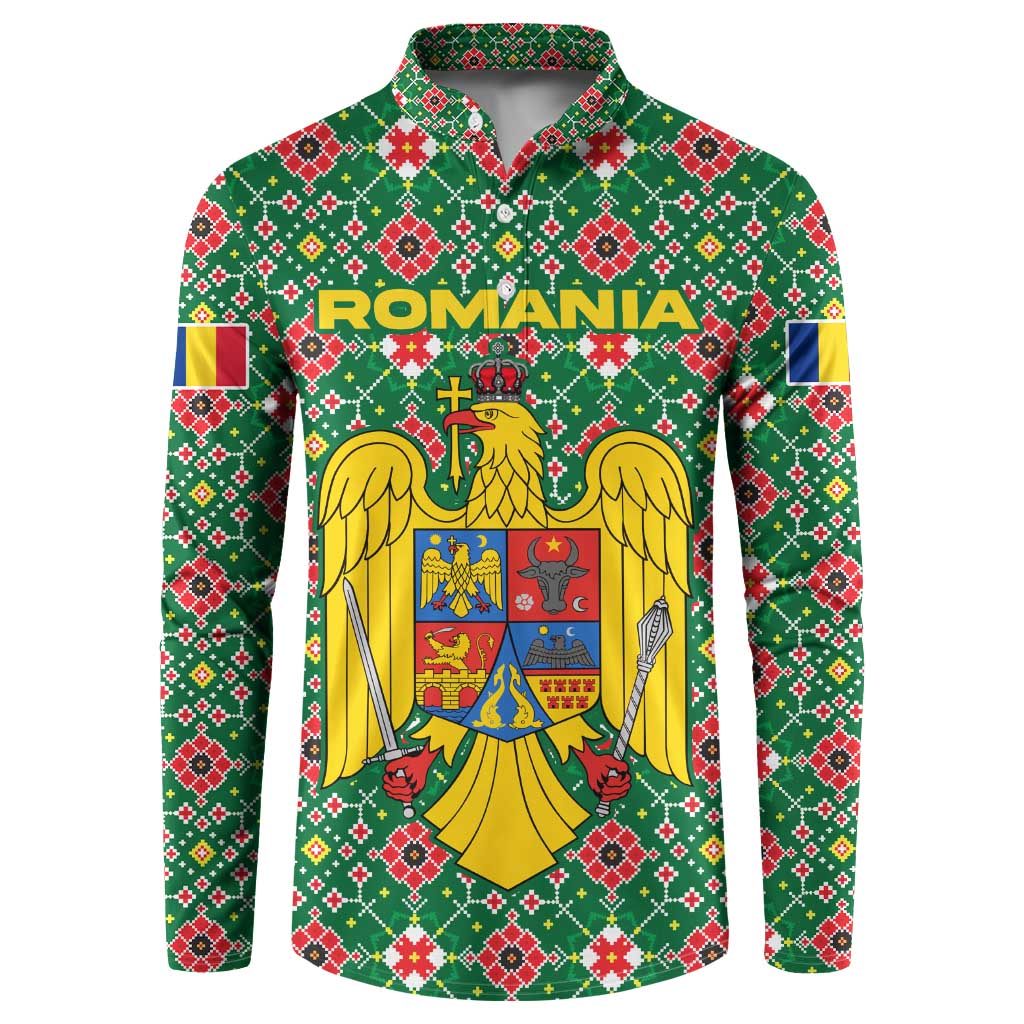 Romania Christmas Button Sweatshirt with Green and Red Pattern Golden Eagle and Santa Motif - Wonder Print Shop