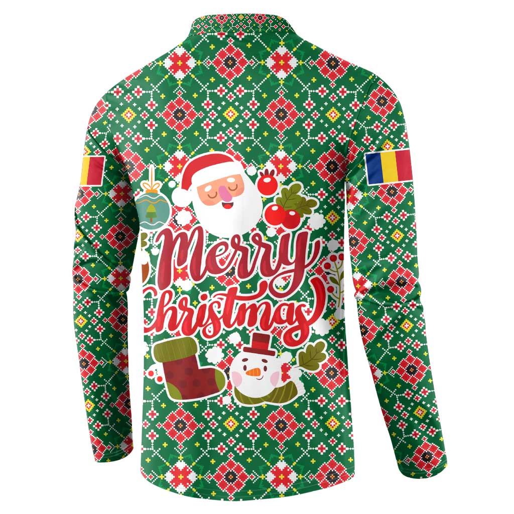 Romania Christmas Button Sweatshirt with Green and Red Pattern Golden Eagle and Santa Motif - Wonder Print Shop