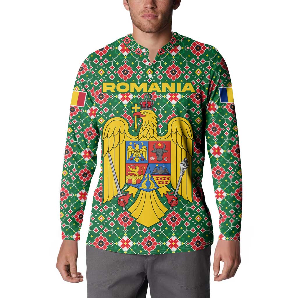 Romania Christmas Button Sweatshirt with Green and Red Pattern Golden Eagle and Santa Motif - Wonder Print Shop