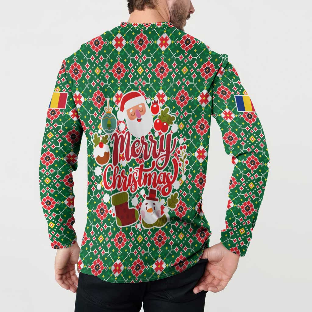 Romania Christmas Button Sweatshirt with Green and Red Pattern Golden Eagle and Santa Motif - Wonder Print Shop