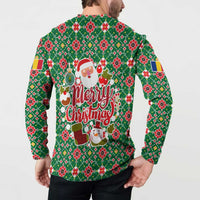 Romania Christmas Button Sweatshirt with Green and Red Pattern Golden Eagle and Santa Motif - Wonder Print Shop