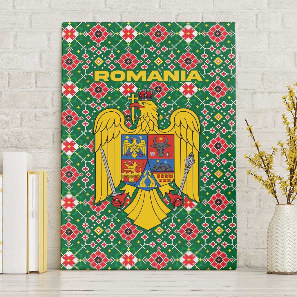 Romania Christmas Canvas Wall Art with Green and Red Pattern Golden Eagle and Santa Motif - Wonder Print Shop