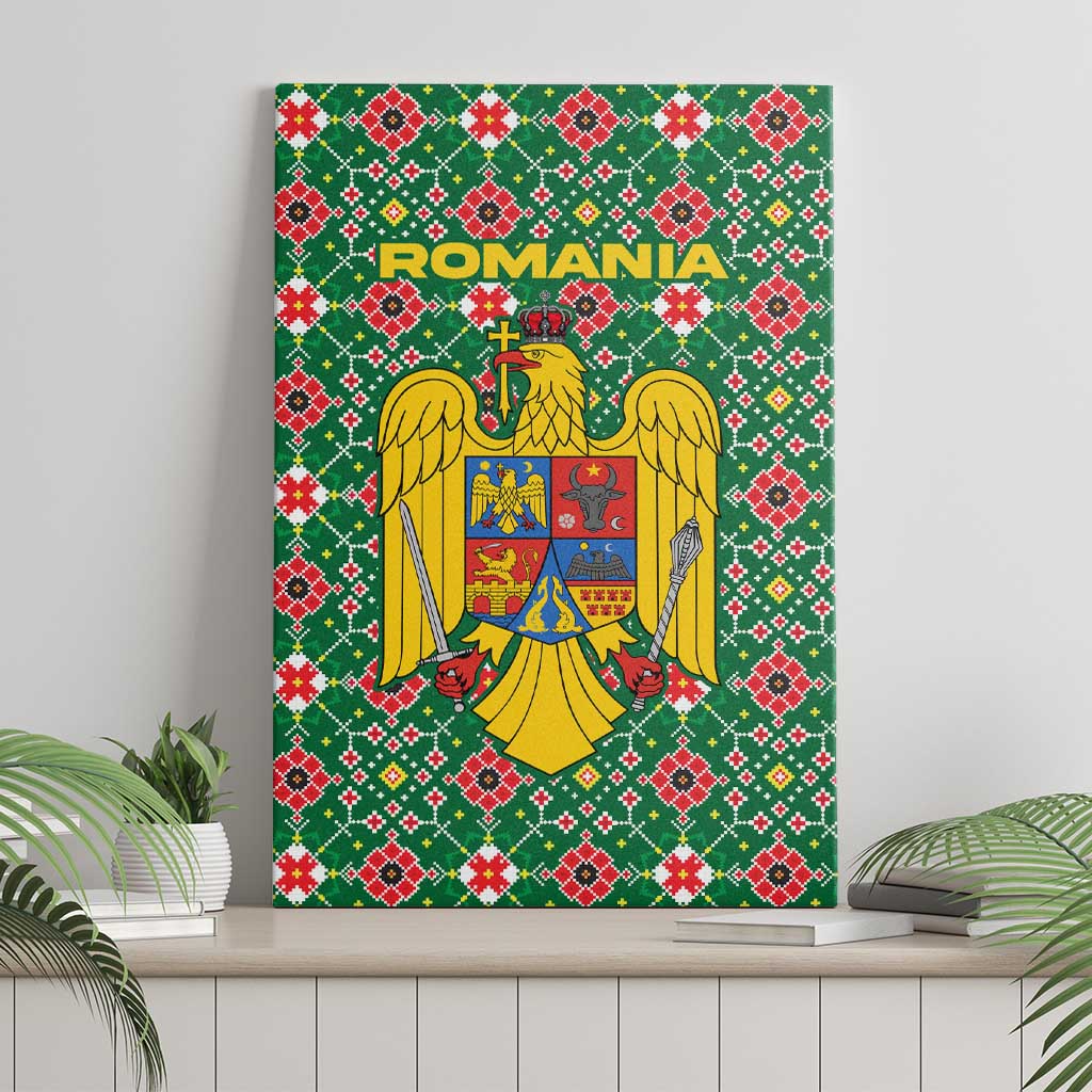 Romania Christmas Canvas Wall Art with Green and Red Pattern Golden Eagle and Santa Motif - Wonder Print Shop
