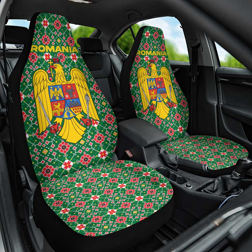 Romania Christmas Car Seat Cover with Green and Red Pattern Golden Eagle and Santa Motif - Wonder Print Shop