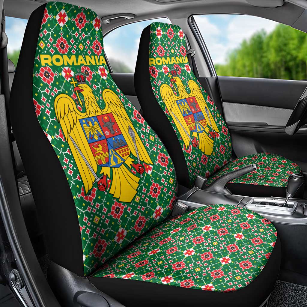 Romania Christmas Car Seat Cover with Green and Red Pattern Golden Eagle and Santa Motif - Wonder Print Shop
