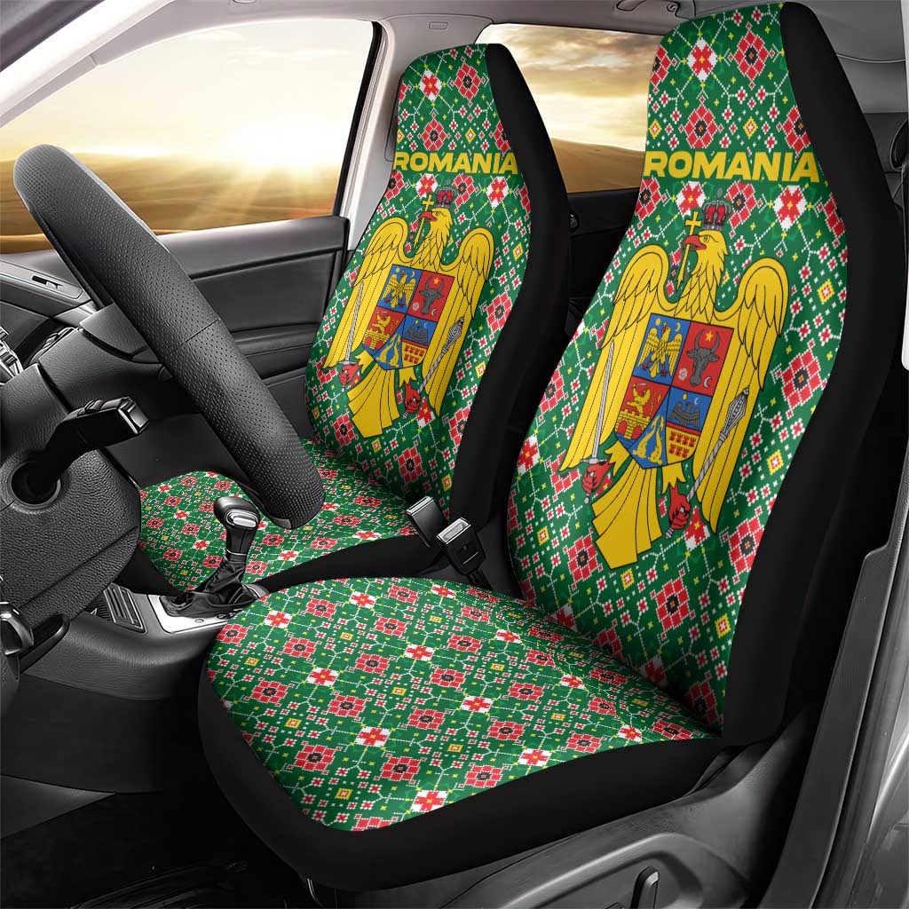 Romania Christmas Car Seat Cover with Green and Red Pattern Golden Eagle and Santa Motif - Wonder Print Shop