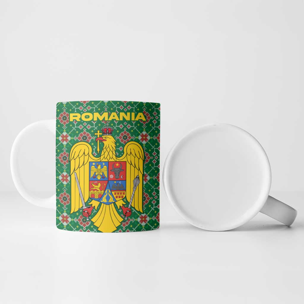 Romania Christmas Ceramic Mug with Green and Red Pattern Golden Eagle and Santa Motif - Wonder Print Shop