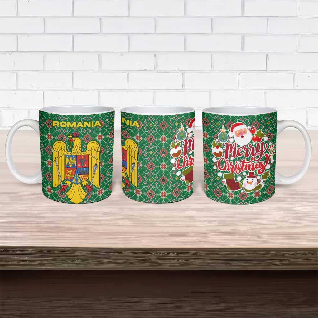 Romania Christmas Ceramic Mug with Green and Red Pattern Golden Eagle and Santa Motif - Wonder Print Shop