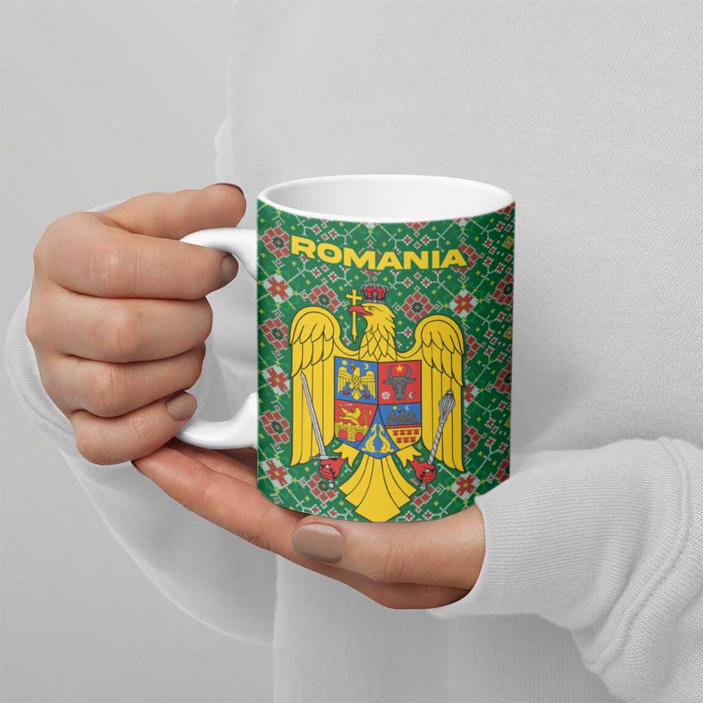Romania Christmas Ceramic Mug with Green and Red Pattern Golden Eagle and Santa Motif - Wonder Print Shop