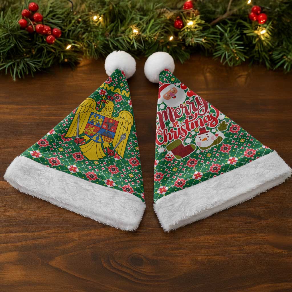 Romania Christmas Santa Hat with Green and Red Pattern Golden Eagle and Santa Motif - Wonder Print Shop