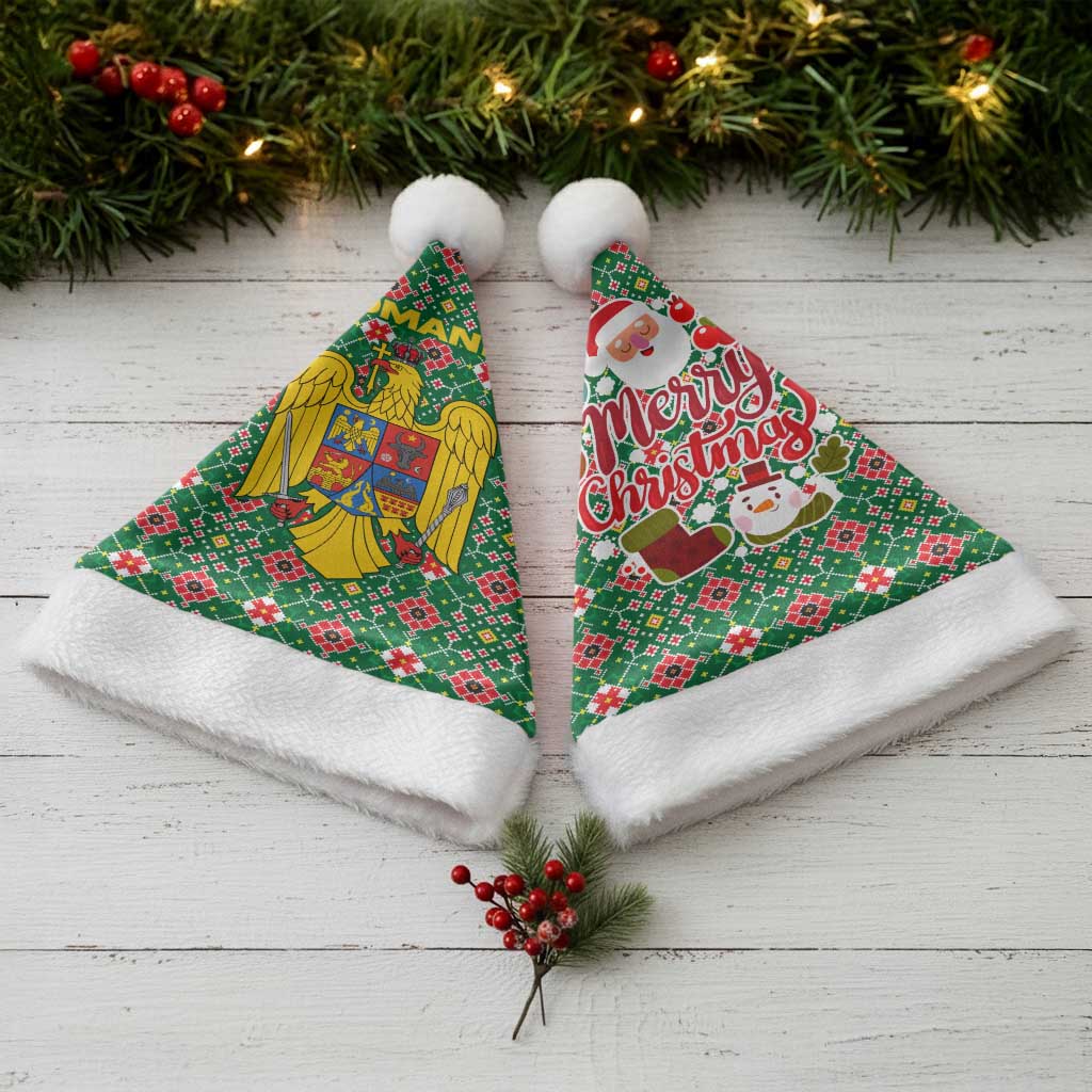 Romania Christmas Santa Hat with Green and Red Pattern Golden Eagle and Santa Motif - Wonder Print Shop