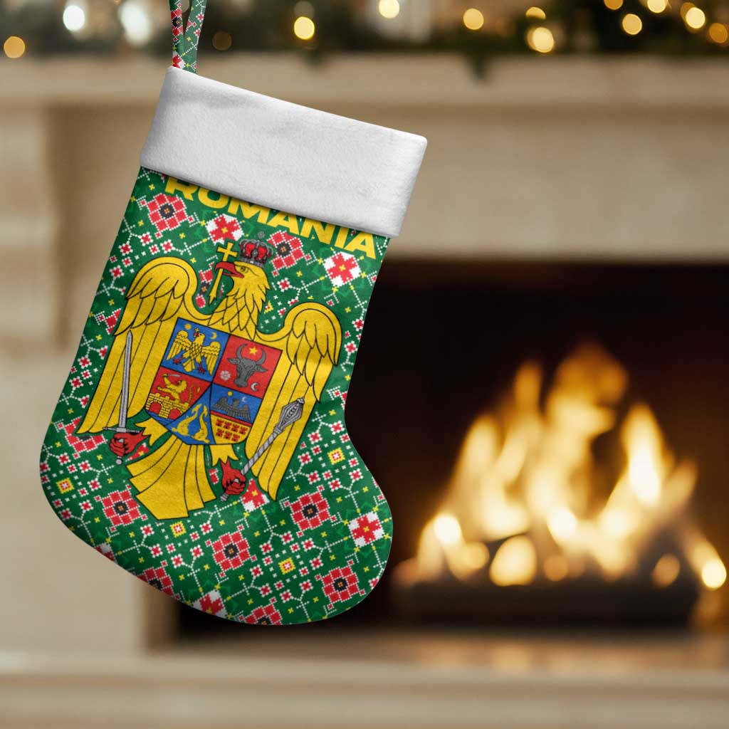 Romania Christmas Stocking with Green and Red Pattern Golden Eagle and Santa Motif - Wonder Print Shop