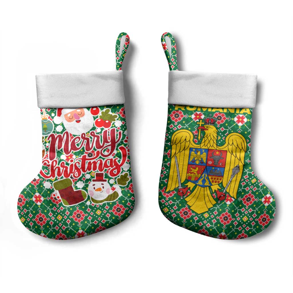 Romania Christmas Stocking with Green and Red Pattern Golden Eagle and Santa Motif - Wonder Print Shop