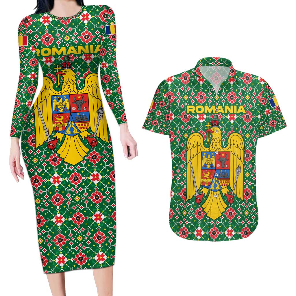 Romania Christmas Couples Matching Long Sleeve Bodycon Dress and Hawaiian Shirt with Green and Red Pattern Golden Eagle and Santa Motif - Wonder Print Shop