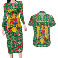 Romania Christmas Couples Matching Long Sleeve Bodycon Dress and Hawaiian Shirt with Green and Red Pattern Golden Eagle and Santa Motif - Wonder Print Shop