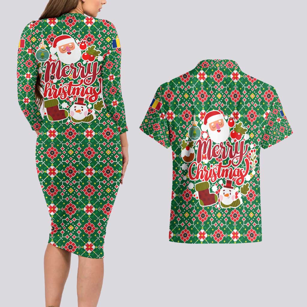 Romania Christmas Couples Matching Long Sleeve Bodycon Dress and Hawaiian Shirt with Green and Red Pattern Golden Eagle and Santa Motif - Wonder Print Shop