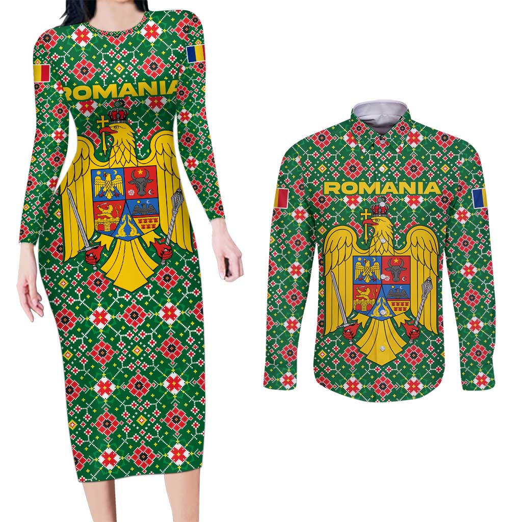 Romania Christmas Couples Matching Long Sleeve Bodycon Dress and Long Sleeve Button Shirt with Green and Red Pattern Golden Eagle and Santa Motif - Wonder Print Shop